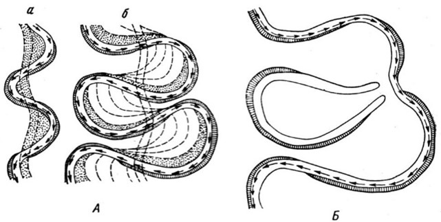 Схема последовательного смещения речных меандр по мере их роста